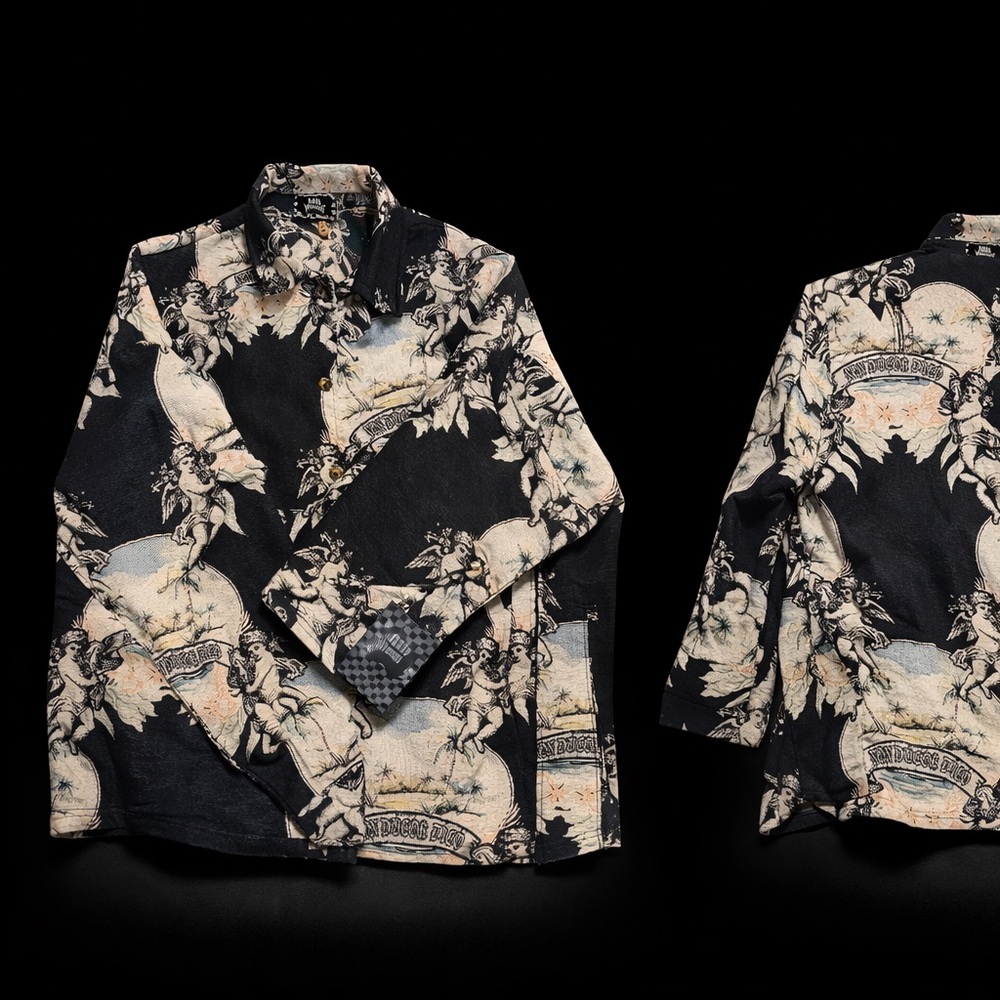 Rebel Vengeance Cherub Tapestry Jacket Renaissance Angel Print Shacket M